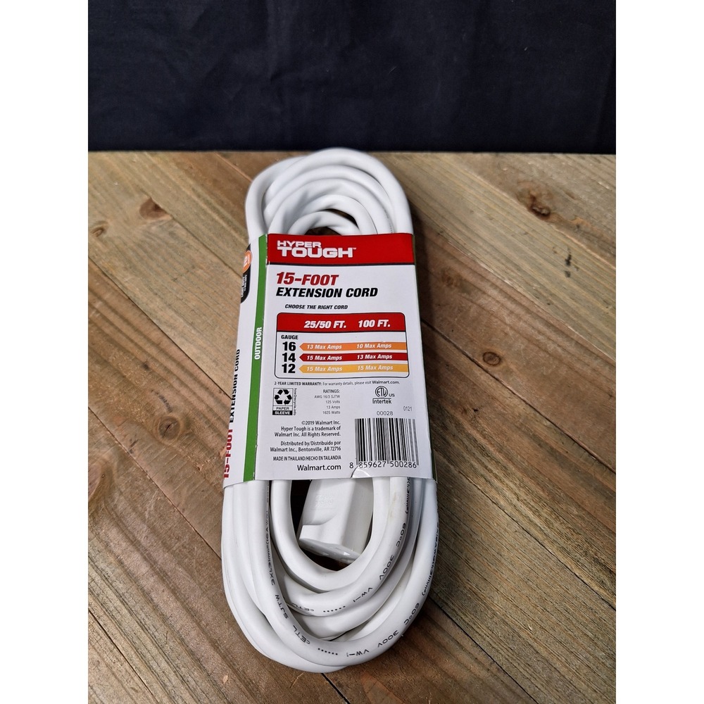 Hyper‎ Tough 15ft Extension Cord White 16 Gauge Outdoor Grounded Light Duty NEW